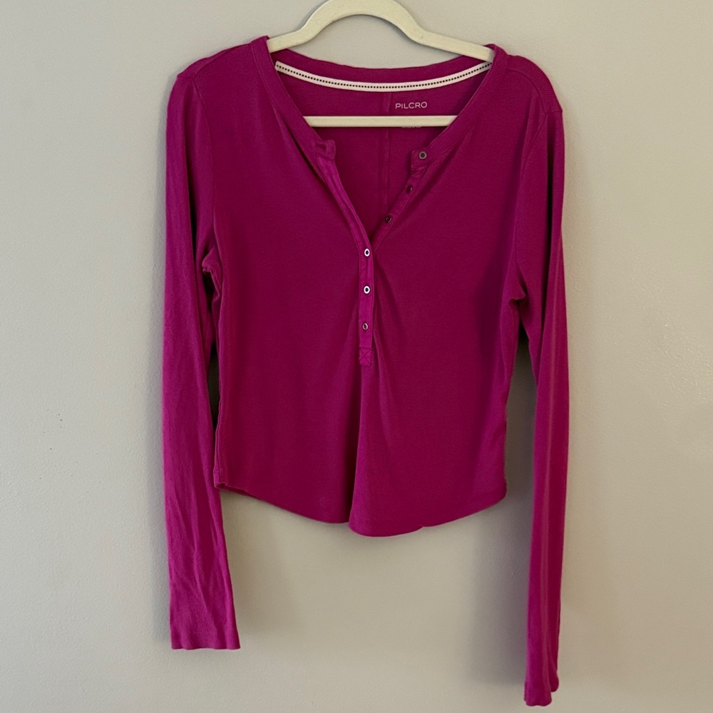 Anthropologie Pilcro Cotton Fuchsia Long Sleeve Henley Tee Size Medium